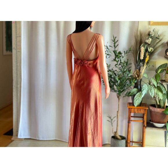 Vintage 90s Let’s Fashion Iridescent Orange Rosette Gown Open Back Dress Size L - Picture 10 of 15